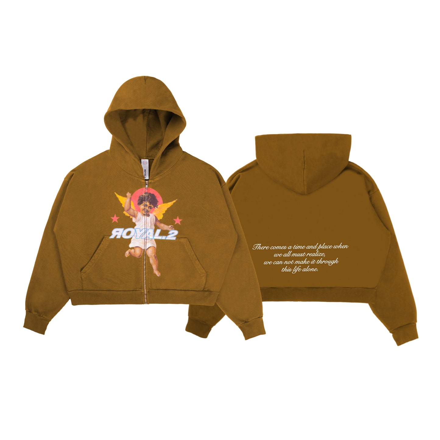 GUARDIAN ANGEL CROP ZIP HOODIE (BROWN)